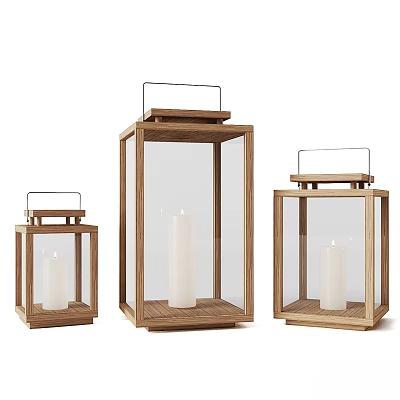 Wooden Lantern Wall Decor With Glass Panels And White Candles Set of Three 3d model