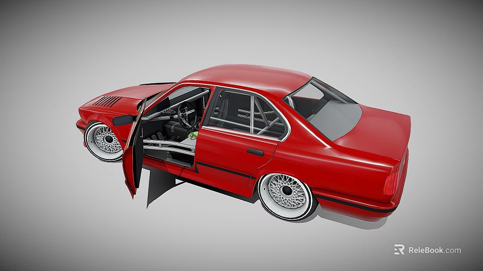 Red Classic Car With Open Doors And Detailed Alloy Wheels Design 3d model 