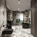 Modern Elegant Bathroom Interior With Marble Walls Black Basins Mirrors And Vanity
