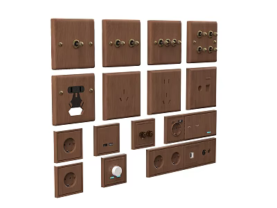 Brown Wooden Switch Panels With Different Types Sockets And Modern Design 3d model