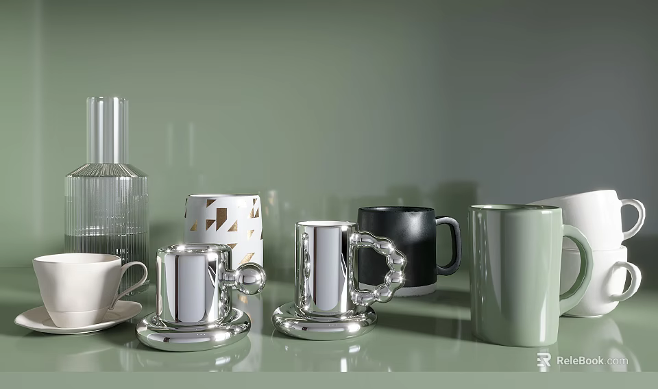 Stylish Metallic Silver Black Green Mugs With Saucer And Geometric Pattern Design 3d model 