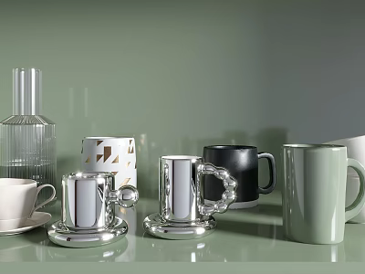 Stylish Metallic Silver Black Green Mugs With Saucer And Geometric Pattern Design 3d model