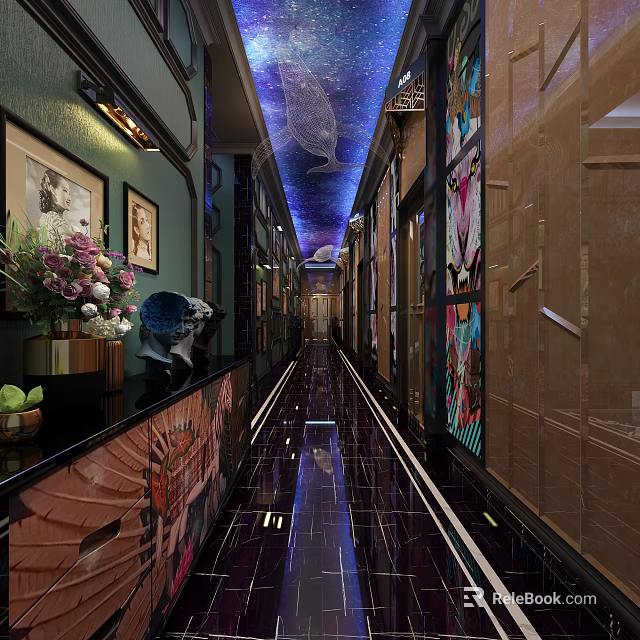 Elevator Corridor Interior With Artistic Murals Ceiling Lighting And Polished Floor 3d model 