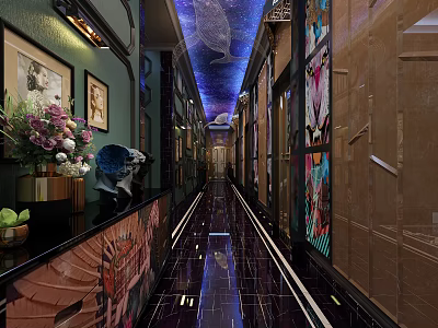 Elevator Corridor Interior With Artistic Murals Ceiling Lighting And Polished Floor 3d model