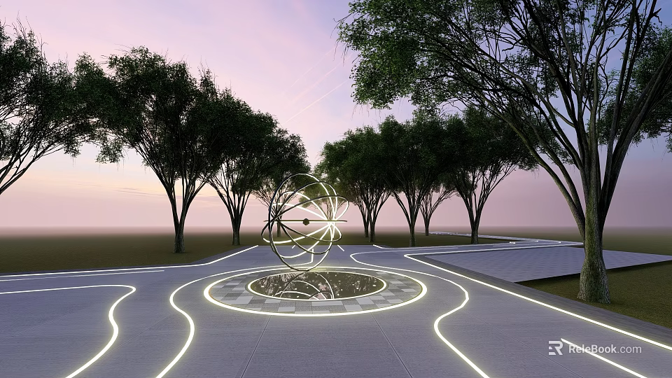 Outdoor Landscape Sculpture With Metallic Spherical Design Trees Illuminated Curved Paths And Sunset Sky 3d model 