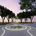 Outdoor Landscape Sculpture With Metallic Spherical Design Trees Illuminated Curved Paths And Sunset Sky