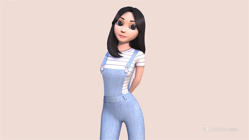 Cartoon Girl Character With Black Hair In Blue And White Striped Shirt And Blue Overalls 3d model 