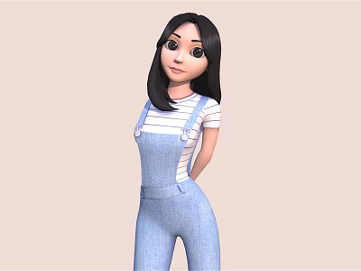 Cartoon Girl Character With Black Hair In Blue And White Striped Shirt And Blue Overalls 3d model