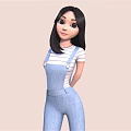 Cartoon Girl Character With Black Hair In Blue And White Striped Shirt And Blue Overalls