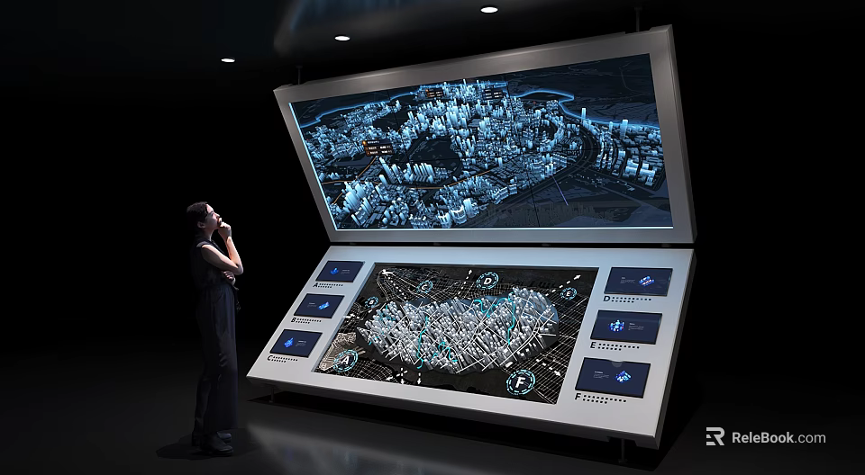 Person Interacting With Large Interactive City Planning Display With 3D Model And Touchscreens 3d model 