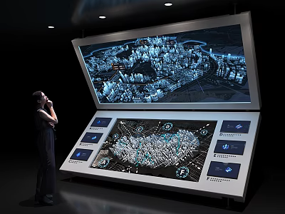 Person Interacting With Large Interactive City Planning Display With 3D Model And Touchscreens 3d model