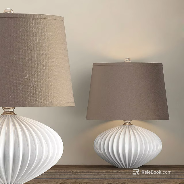 Modern White Ribbed Table Lamps With Brown Fabric Shades For Home Decor 3d model 