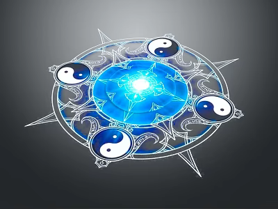 Mystical Yin Yang Symbols In Blue Glowing Circular Pattern With Decorative Lines 3d model