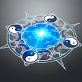 Mystical Yin Yang Symbols In Blue Glowing Circular Pattern With Decorative Lines