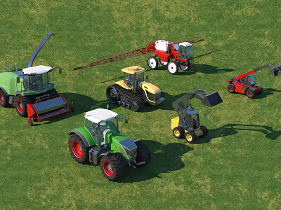 Various Agricultural Function Vehicles Including Harvesters Tractors Sprayers On Green Grassland 3d model