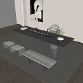Modern Tea Room Interior Design With Wooden Table Tea Set Bench And Carpet