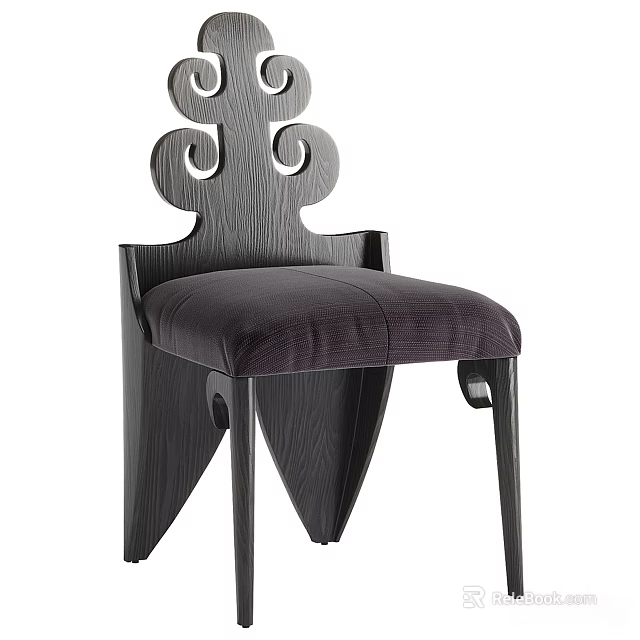 Elegant Leisure Chair With Unique Curved Wooden Backrest And Purple Upholstered Seat 3d model 