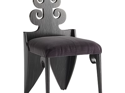 Elegant Leisure Chair With Unique Curved Wooden Backrest And Purple Upholstered Seat 3d model