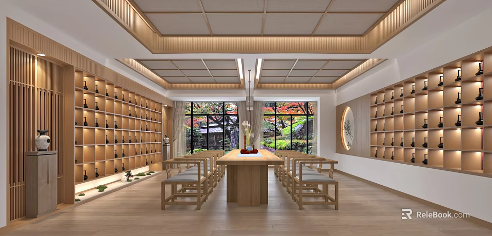 Traditional Store Interior With Wooden Ceiling Shelves Table Chairs And Outdoor Green Red Leaf Trees 3d model 