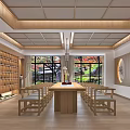 Traditional Store Interior With Wooden Ceiling Shelves Table Chairs And Outdoor Green Red Leaf Trees