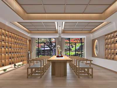 Traditional Store Interior With Wooden Ceiling Shelves Table Chairs And Outdoor Green Red Leaf Trees 3d model