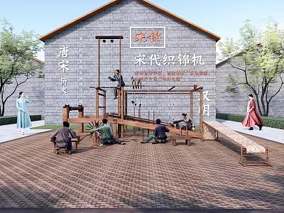 Traditional Song Dynasty Brocade Loom Photo Spot With Ancient Architecture And Costumed People 3d model