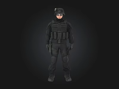 Security Personnel In Full Black Tactical Gear With Helmet Goggles And Vest 3d model