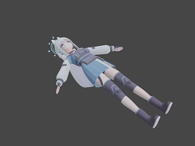 3D Anime Character With White Long Hair Blue Gray Outfit Mechanical Armor In Lying Pose 3d model