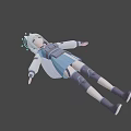 3D Anime Character With White Long Hair Blue Gray Outfit Mechanical Armor In Lying Pose