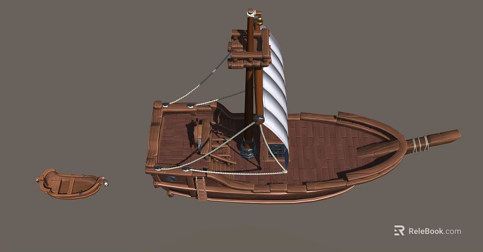 Traditional Sailboat Design Featuring Wooden Deck White Sails Mast And Ropes 3d model 