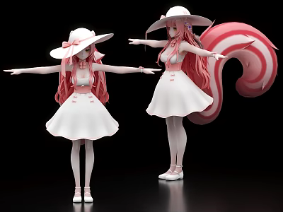 Game Movie Character In White Dress With White Hat Pink Long Hair Pink Spiral Tail 3d model