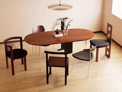Modern Oval Wooden Dining Table Set With Various Designed Chairs Natural Light And Decorative Items 3d model
