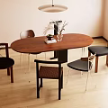 Modern Oval Wooden Dining Table Set With Various Designed Chairs Natural Light And Decorative Items
