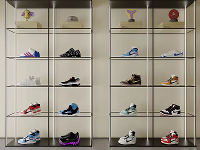 Modern Glass Shoe Display Cabinet With Sneakers Hats And Trophies On Shelves 3d model