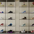 Modern Glass Shoe Display Cabinet With Sneakers Hats And Trophies On Shelves
