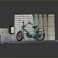 Turquoise Motorcycle Parked on Brick Pavement Near Stone Walls and Structures