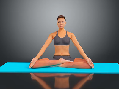Woman Practicing Yoga in Lotus Position on Blue Mat with Sport Bra and Gray Background 3d model
