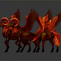 Three Red Winged Mythical Ram Like Creatures Displayed From Different Angles