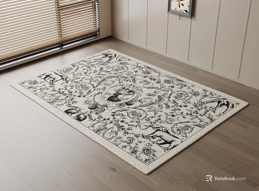 Square Rug with Intricate Black and White Pattern on Wooden Floor Near Window 3d model 