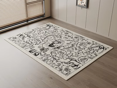 Square Rug with Intricate Black and White Pattern on Wooden Floor Near Window 3d model
