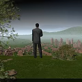 Man Standing Overlooking Garden Landscape With Green Lawn Lush Trees City Skyline And Mountain Ranges
