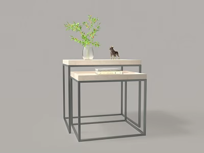 Modern Nesting Side Tables With Metal Frame Light Top Vase Green Plant And Deer Figurine 3d model