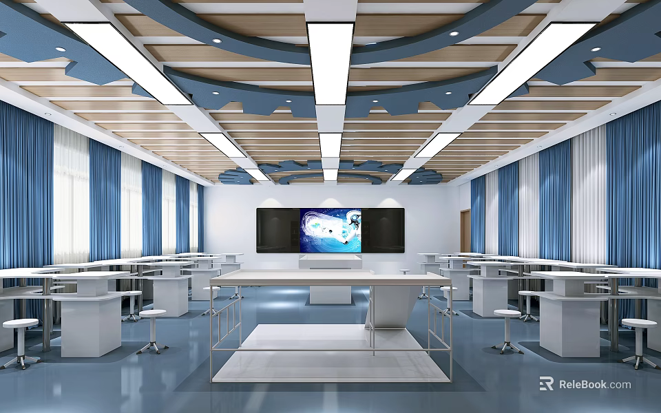 School Modern Classroom With Desks Chairs Screens And Ceiling Lights 3d model 