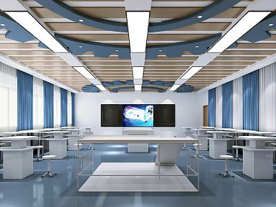 School Modern Classroom With Desks Chairs Screens And Ceiling Lights 3d model