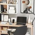 Modern Home Desk Setup With Bookshelf Storage Laptop Lamp And Comfortable Chair