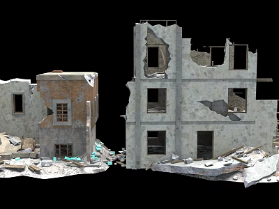 Ruined Buildings With Broken Walls And Scattered Debris On Black Background 3d model