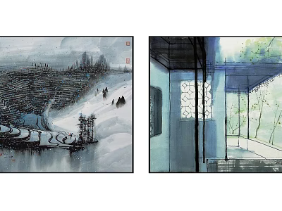 Traditional Chinese Ink Landscape Painting with Snowy Mountains and Scenic River 3d model