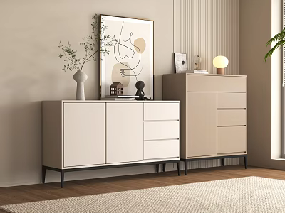 Modern Beige Console Cabinet And Side Cabinet With Drawers Vase Artwork Plant 3d model