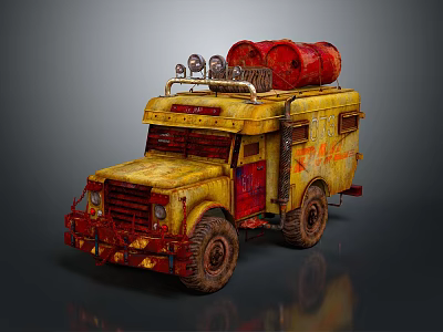 Vintage Yellow Truck With Red Gas Tanks On Roof And Worn Tires 3d model