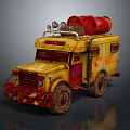 Vintage Yellow Truck With Red Gas Tanks On Roof And Worn Tires